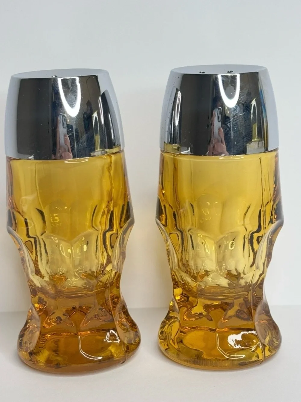 Vintage Amber Glass Salt & Pepper Shakers with Silver Tops